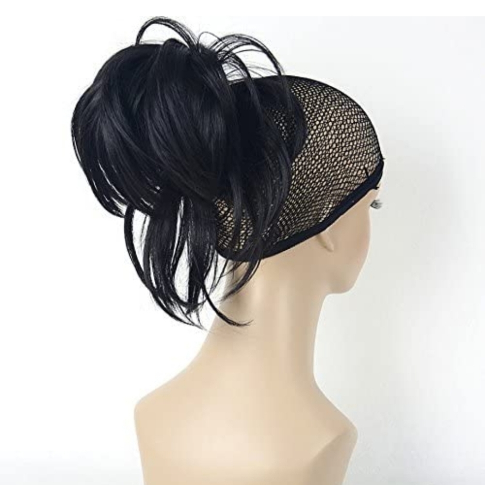 Adjustable Messy Style Ponytail Hair Ext- clip Black synthetic